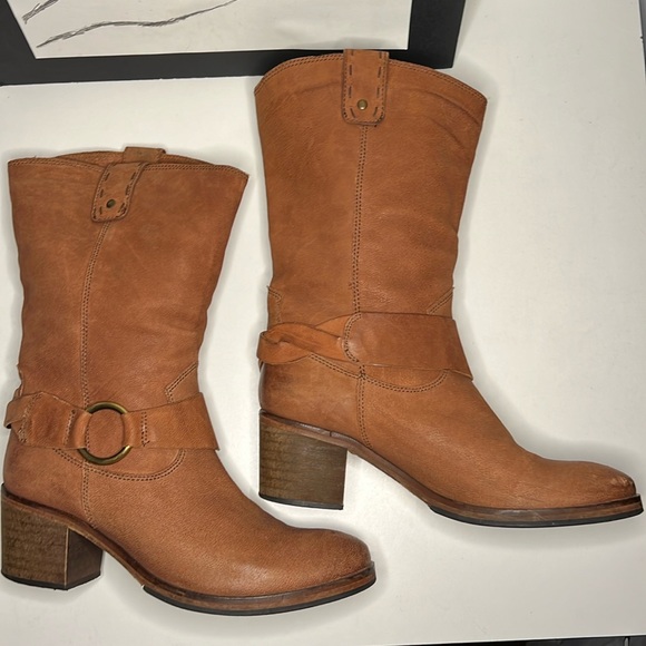 Johnston & Murphy Mid Calf Brown Leather Moto Style Pull On Harness Boots Size 8 - Picture 3 of 16